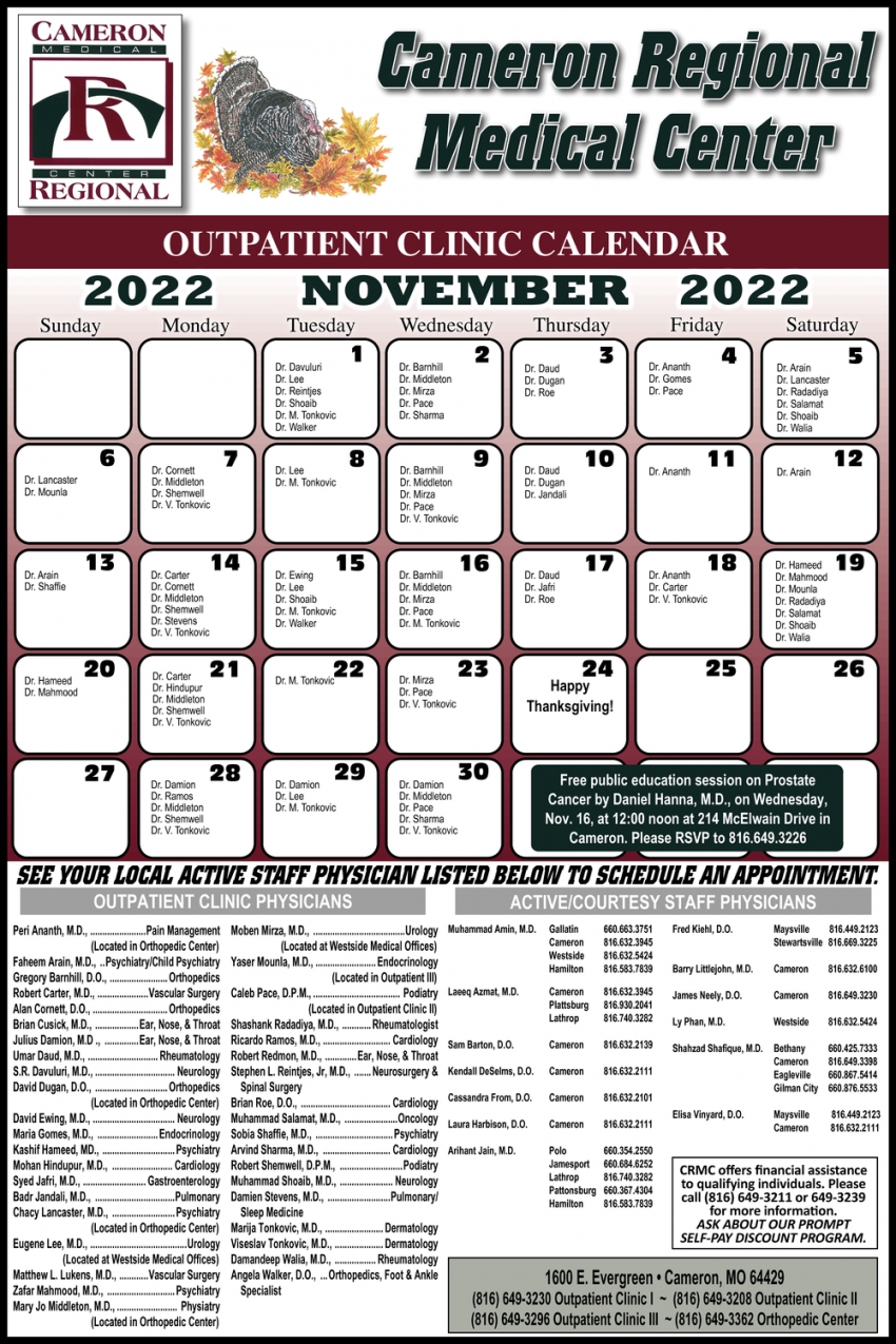 Outpatient Clinic Calendar Cameron Regional Medical Center Cameron MO